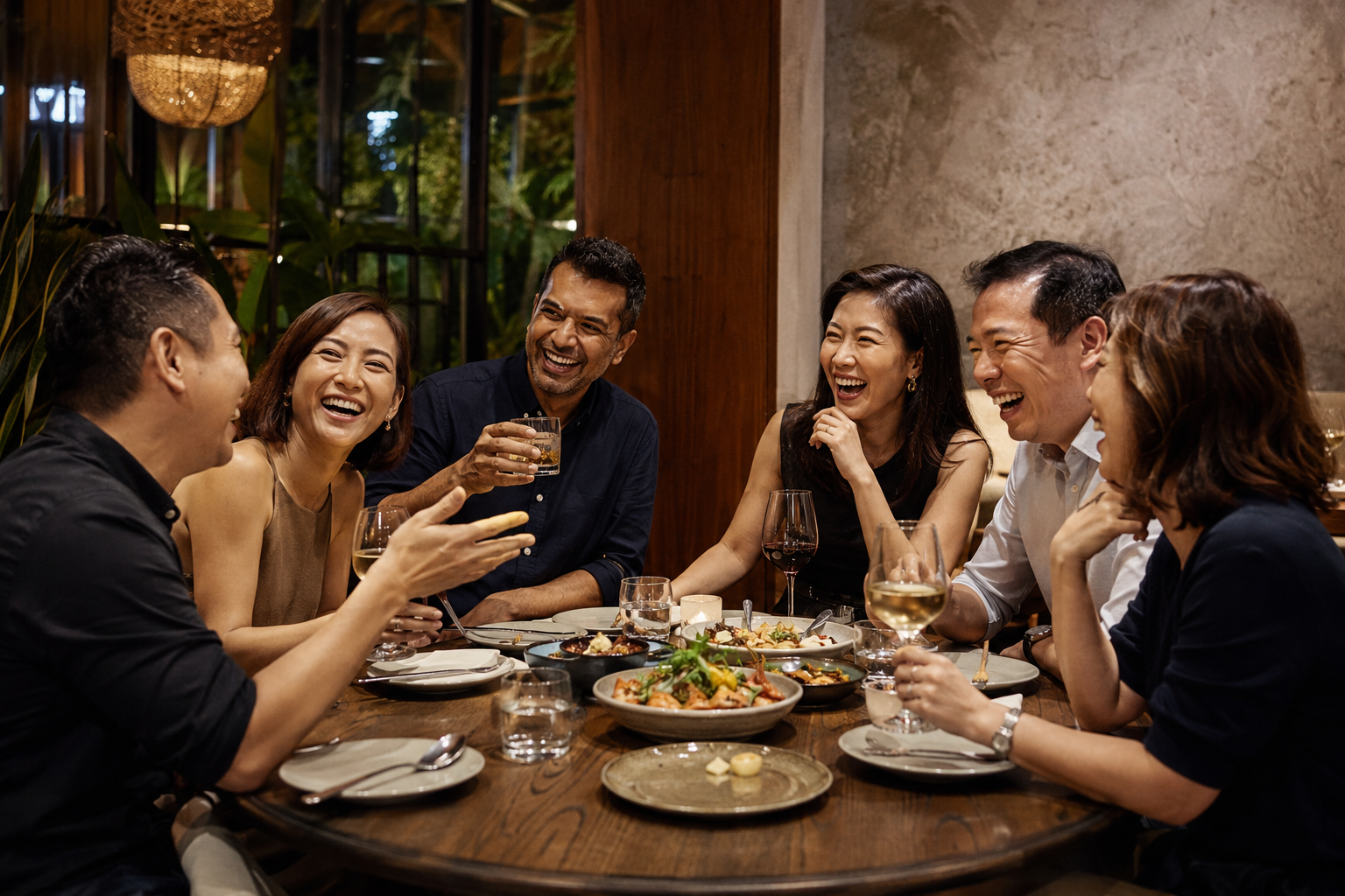 Six Singapore business leaders laughing together over a social dinner