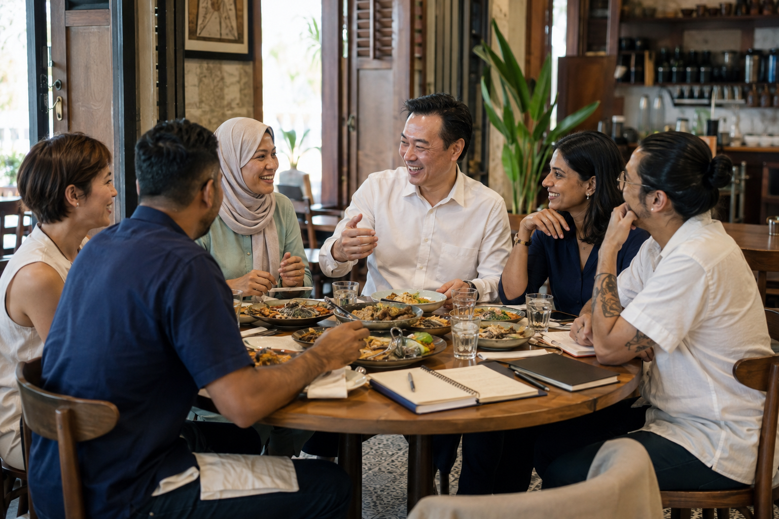 Singapore business leaders sharing lunch in a restaurant